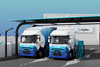 The image shows Hyliko hydrogen trucks ay the green hydrogen refuelling station