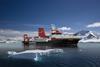 Render of the METEOR IV research vessel with land and icebergs