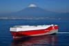 K Line's Oceanus Highway LNG car carrier at sea with Mount Fuji in the background