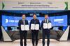 Three representatives from DNV, HMD and HD KSOE celebrate a signing of an MoU to develop a digital twin to aid with testing electric propulsion