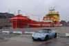 ‘Viking Lady’, soon to be the first full-hybrid ship, alongside in Copenhagen, accompanied by a battery-powered car