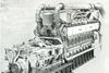A Paxman 1,650 bhp V16 engine on the test bed, complete with reverse-reduction gearbox