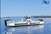 render of a CMAL electric ferry at sea with low mountains behind