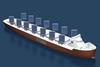 Impression of the Aquarius Eco Ship concept applied to a large bulk carrier where the rigid sails and solar modules help power the ship and reduce fuel consumption