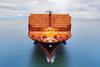 Container ship at sea full of orange containers saying 'A CLEANER FUTURE FOR SHIPPING'