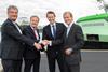Han Fennema, CEO of Gasunie; Maarten Wetselaar, Shell’s EVP Integrated Gas; Eelco Hoekstra, CEO of Vopak; Allard Castelein, CEO of the port of Rotterdam; in front of the ‘Green Rhine’ LNG-powered tank barge