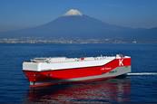 K Line's Oceanus Highway LNG car carrier at sea with Mount Fuji in the background