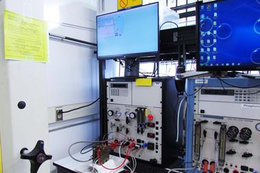 A look inside the high-temperature proton exchange membrane fuel cell testing station at Los Alamos National Laboratory.