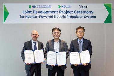 (l-r) Matthew Mueller, ABS VP, Regional Business Development; Hak-mu Shim, HD HSHI EVP and Byung-hun Kwon, HD KSOE EVP