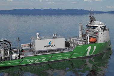 Using a VOC recovery system (pictured) for loadings would yield net CO2 equivalent (CO2e) savings of 1,200-1,500 metric tonnes per loading of a VLCC. (credit: Wärtsilä Gas Solutions)