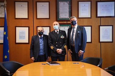 Giuseppe Bono, the CEO of Fincantieri, Admiral Nicola Carlone of the Italian Coast Guard, and Paolo Duò, President of the Vittoria Shipyard, at the award ceremony in Rome on 15 November
