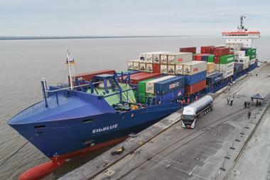 The containership ElbBLUE bunkered green SNG (Synthetic Natural Gas) at the Elbe port in Brunsbüttel, Germany on 29 September 2021.