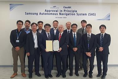 Representatives from SHI and ClassNK at an AiP granting ceremony for SHI's autonomous navigation system