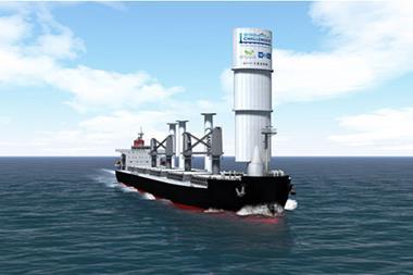A rendering of the bulk carrier featuring a rotor sail and hard sail installation.