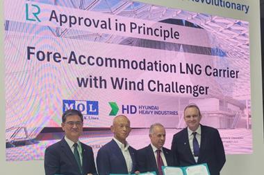 (l-r) Hongryeul Ryu, EVP & CTO, HD Hyundai Heavy Industries; Hisashi Umemura, senior managing executive officer, MOL; Jason Clifton-Samuel, deputy commissioner of Maritime Affairs, Republic of the Marshall Islands; Andy Mckeran, chief growth officer, LR