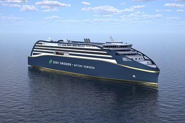 A supplied render of a electric RoPax ferry on the water
