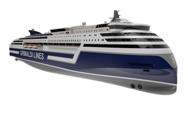The image shows the design of the new Grimaldi RoPax vessel