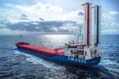 Amasus wind-assisted cargo ship with two bound4blue eSails