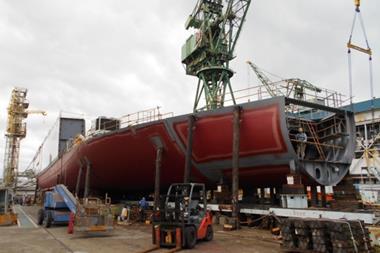 The keel laying ceremony for the 8,000gt LH2 carrier was carried out on 12 June 2019 at KHI’s Kobe shipyard. (Image courtesy of Kawasaki Heavy Industries)