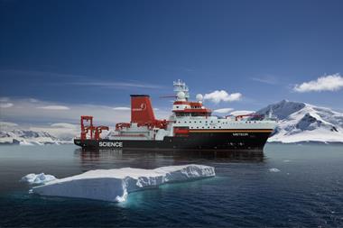 Render of the METEOR IV research vessel with land and icebergs