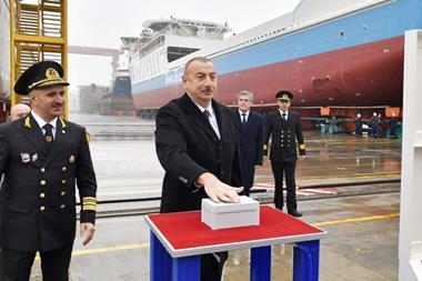 President Ilham Aliyev of Azerbaijan at the launch of the Azerbaijan at Baku Shipyard in December 2019 (credit: Baku Shipyard)