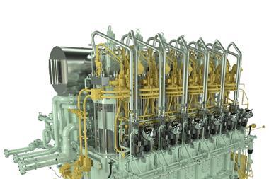 Rendering of an MAN B&W 6G50ME-LGIM dual-fuel engine capable of burning methanol