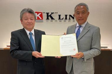 ClassNK's Senior Executive Vice President, Dr. Toshiyuki Shigemi and (right) K LINE Vice President Executive Officer, Mr. Atsuo Asano.