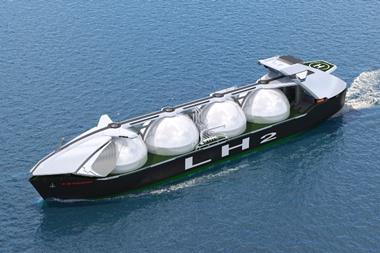 A rendering of a large LH2 carrier featuring four x 40,000cbm containment tanks. (credit: Kawasaki)