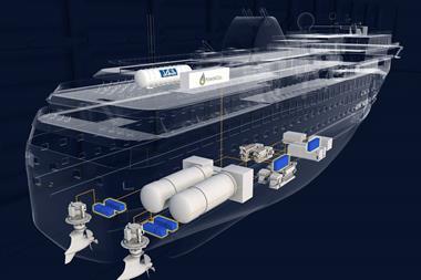 Illustration of the ship’s propulsion systems with integrated liquefied hydrogen (LH2) tank and fuel cells. Photo: Havyard