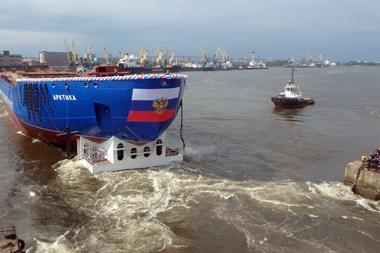 'Arktika', the world's biggest and most powerful icebreaker, on its launch at Baltiysky Zavod shipyard in St Petersburg