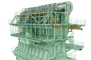A rendering of an 8-cylinder MAN B&W G95MEC-10.5-LGIM.