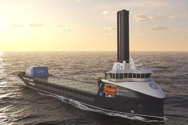 The image shows the NordBulk by LH2 Shipping AS, powered by liquid hydrogen (LH₂) on the water at sunrise