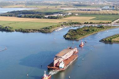Rail ferry Iginia following load-out from the CIMAR yard on the Corno River
