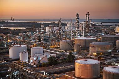 The image shows the Cepsa Rábida Energy Park with Huelva Port in the background