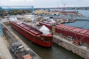 Lake Michigan cradle: Mark W. Barker prior to float-out.