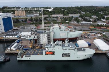 The HMCS Margaret Brooke (front) was delivered on 15 July. The third Harry DeWolf-class vessel (back) will be launched in autumn 2021. (credit: Irving Shipbuilding Inc.)