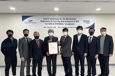 Seung Hyeon Yoo (DNV), Andreas Kristoffersen (DNV), Hwa Lyong Lee (DNV), Jang Sup Lee (DNV), Hyun Joe Kim (SHI), Kyung Won Bae (SHI), Hanwee Low (DNV), Jae Woo Kim (SHI) at the award of the certificate
