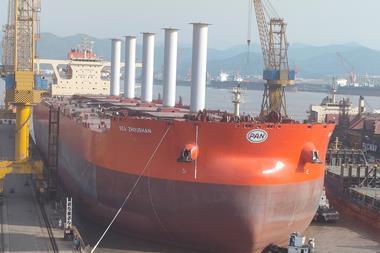 Norsepower’s first installation of its tiltable Rotor Sails on board a bulk carrier Photo: Norsepower
