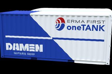 Damen is installing a temporary BWTS using the compact oneTANK solution inside a deck-mounted TEU on board an older vessel