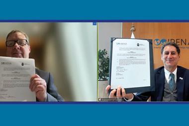 Guy Platten, Secretary General, International Chamber of Shipping, and Francesco La Camera, Director-General, International Renewable Energy Agency, sign Partnership Agreement