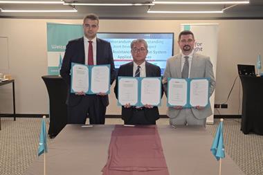 Employees of LR, K Shipbuilding and Liberian Registry at an MoU signing to develop wind propulsion for MR tankers