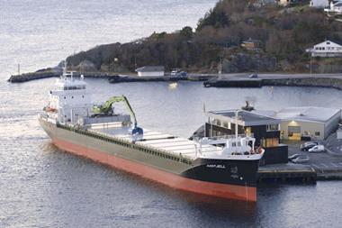 Excavator-fitted minibulker Aasfjell at Mosterhamn, the owner’s base.