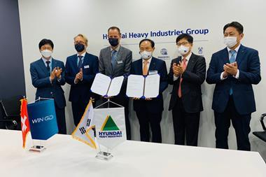 Signing ceremony hosted by HHI-EMD President & Chief Operating Officer Kwang-hean An and joined by WinGD’s Executive Vice President, R&D Dominik Schneiter and Executive Director Sales, Volkmar Galke