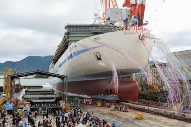 A market niche: ro-pax ferry launch at Mitsubishi’s Shimonoseki yard. (credit: MHI).
