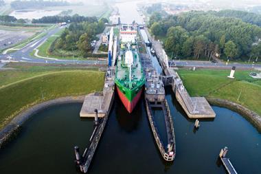A sister vessel of Thun Evolve, the 7,999dwt Thun Eos passing through a lock. (Photo credit: Thun Tankers).