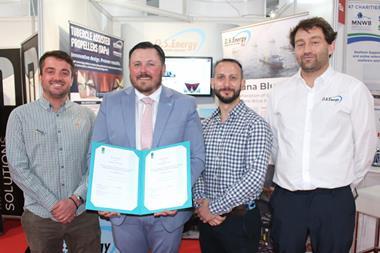 (l-r) Oliver Cornforth, head of projects at O.S. Energy; Steve Windrim, senior client relationship manager, Lloyd's Register; Nik Lekkas, CTO at Ecomar Propulsion; and Martin Nuernberg, director, O.S. Energy