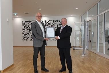 The Type Approval certificate is presented to Dr. Martin Schmitz-Niederau, voestalpine Böhler Welding Germany GmbH (left) by Norbert Worm Principal Welding Engineer, Materials & Welding at DNV