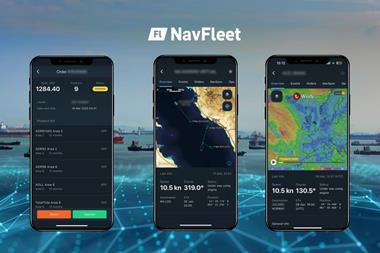 Three smart phones showing various screens from Navtor's NavFleet app