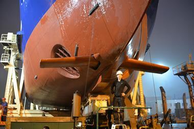 Wavefoil's fibreglass retractable bow foil solution was retrofitted to MF Teistin in September 2019. (Picture courtesy of Wavefoil A/S)