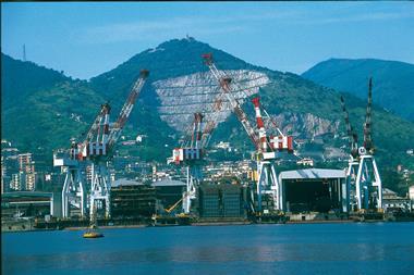 Production on the Genoese waterfront: Fincantieri’s Sestri shipyard.